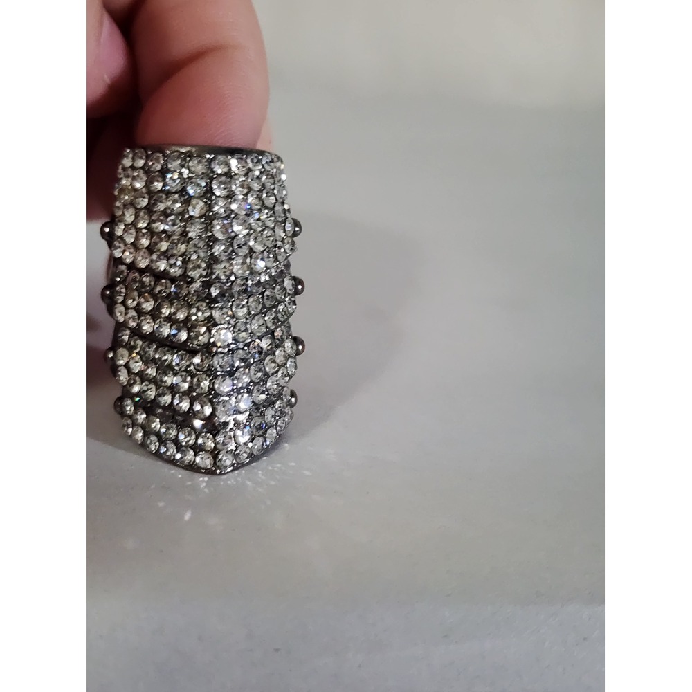 Rhinestone Full Finger Armor Ring Gunmetal Hinged Articulated Gothic Statement